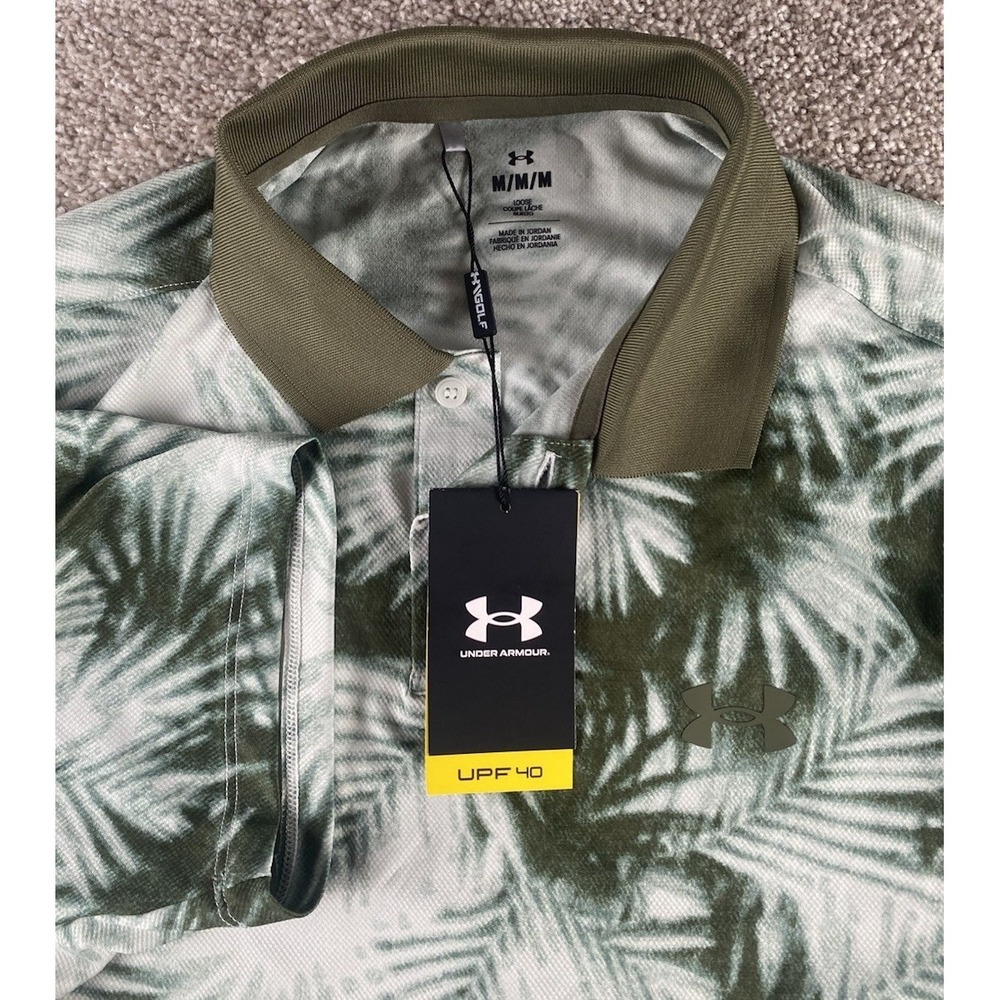 Under Armour Floral Green Hawaiian Match Play Printed Polo Men M Performance UPF